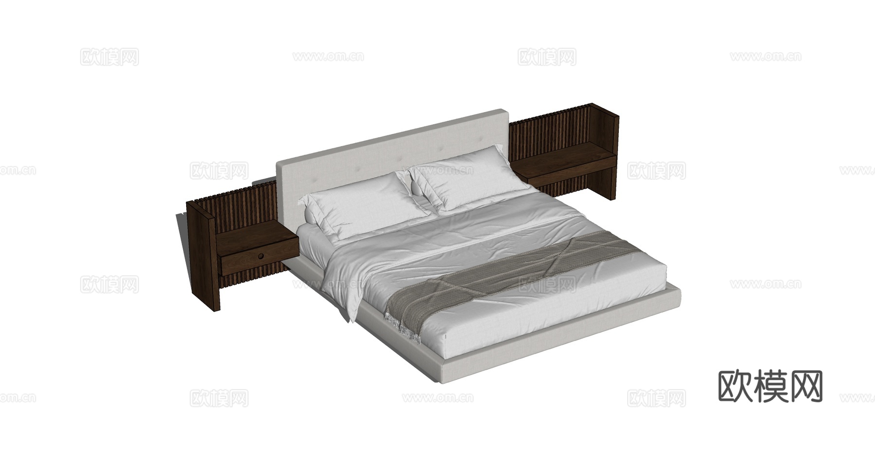 现代简约白色软包床 深木色床头柜 卧室套装su模型