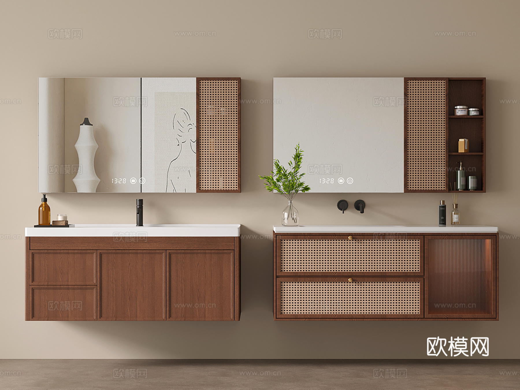 中古风浴室柜 藤编洗手台 洗漱台3d模型