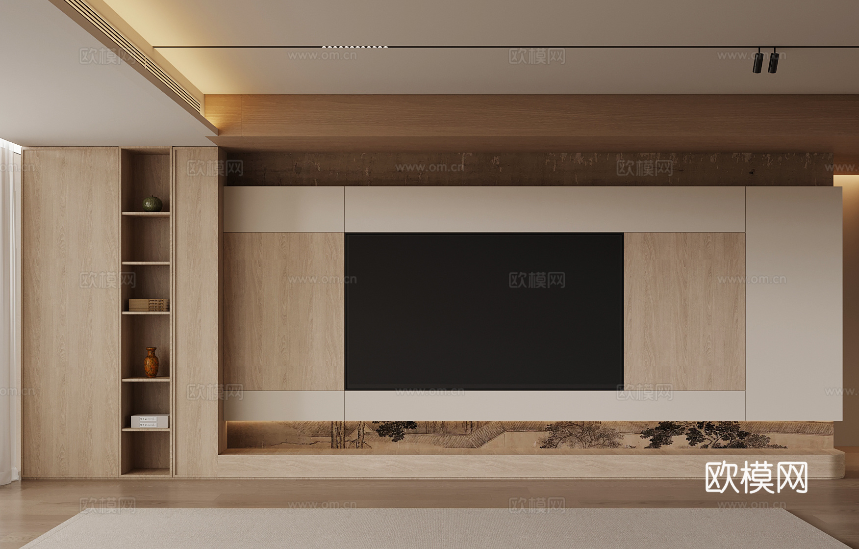 新中式电视背景墙 宋氏电视背景墙su模型