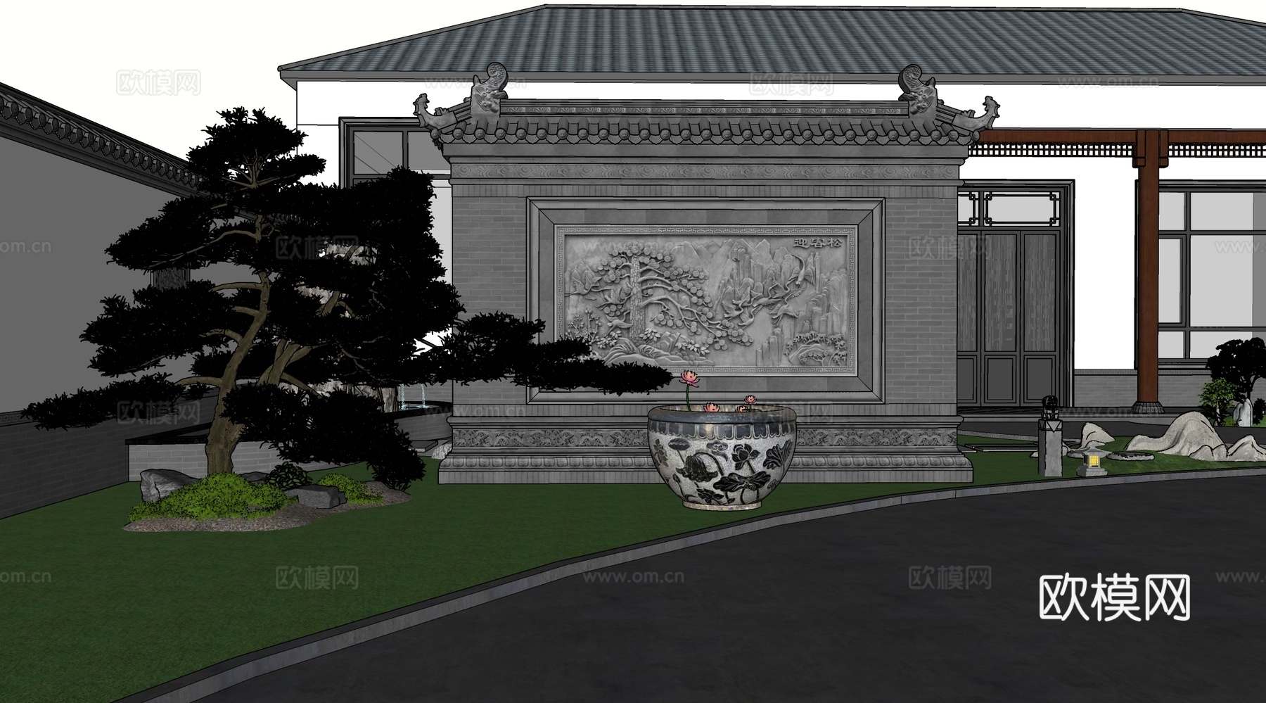 新中式景墙 假水系石缸 庭院景观su模型