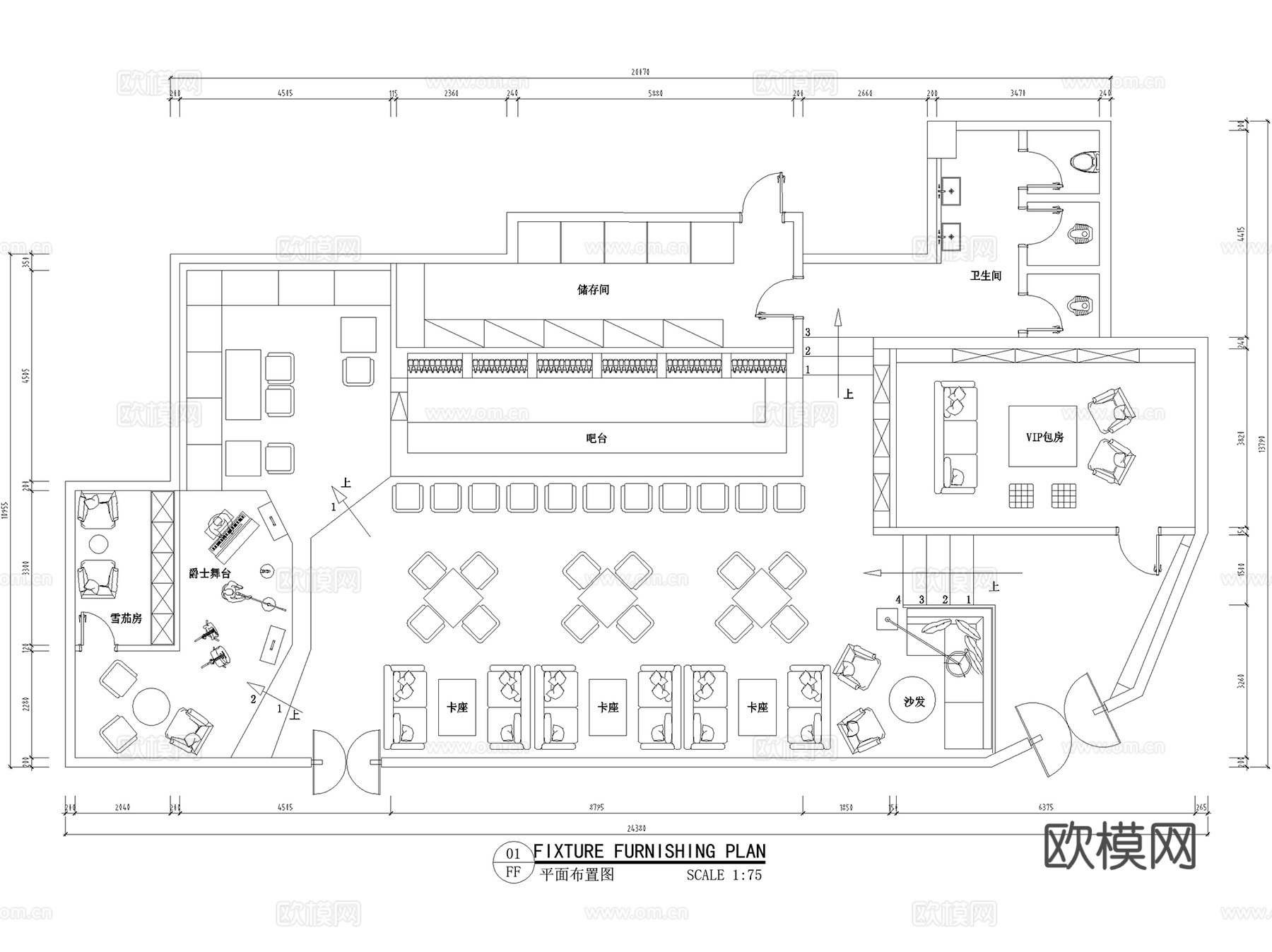 酒吧酒馆酒廊清吧会所餐厅室内工装CAD平面图集 12套cad施工图