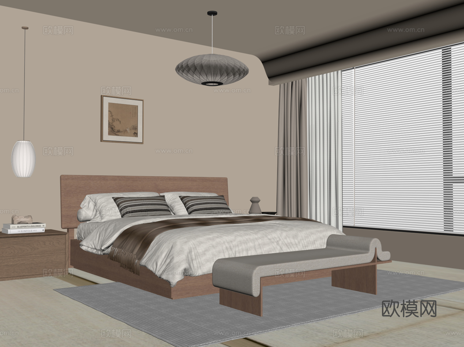 中古风卧室 床 床头柜su模型