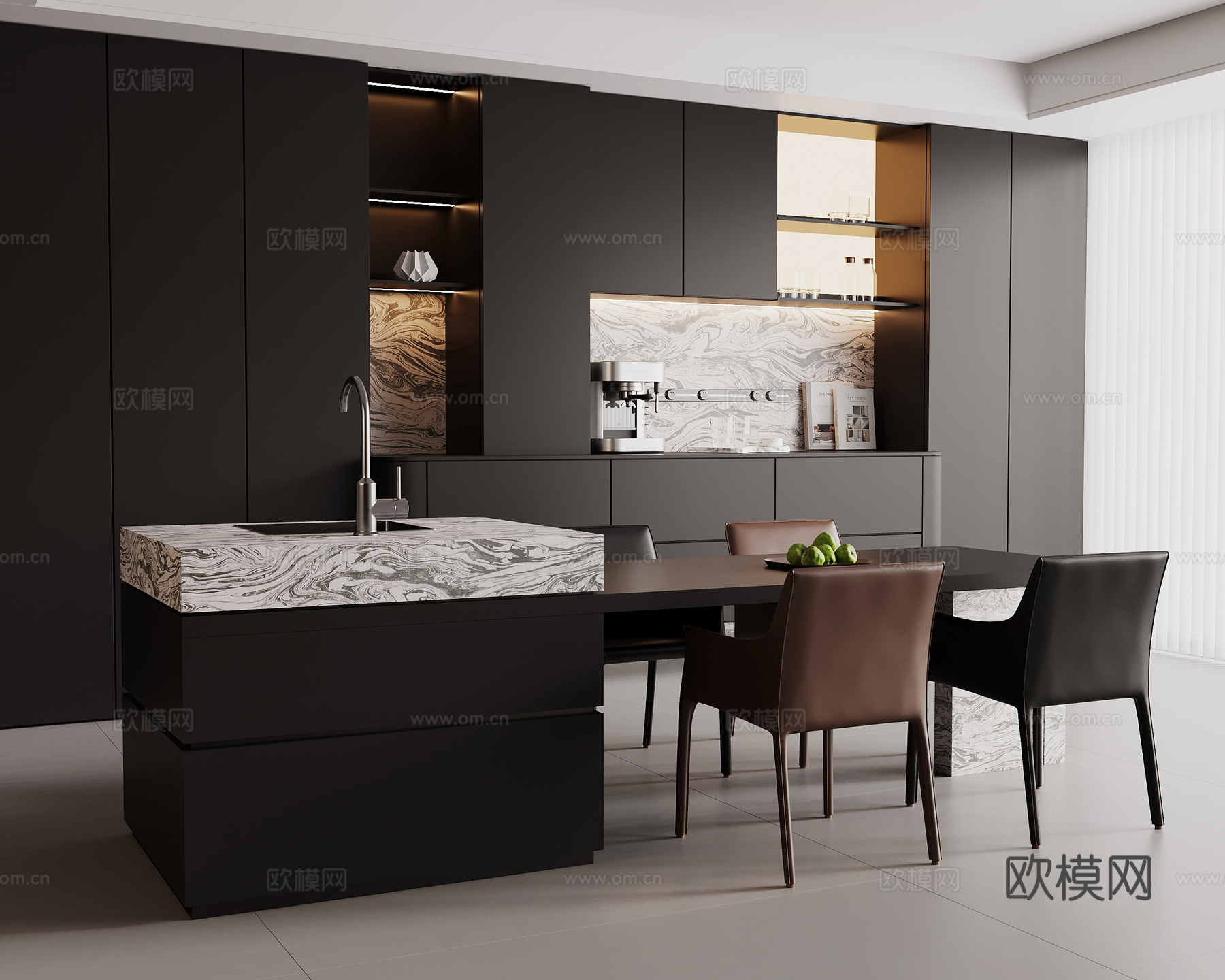 现代意式餐厅 餐桌椅 餐边柜su模型