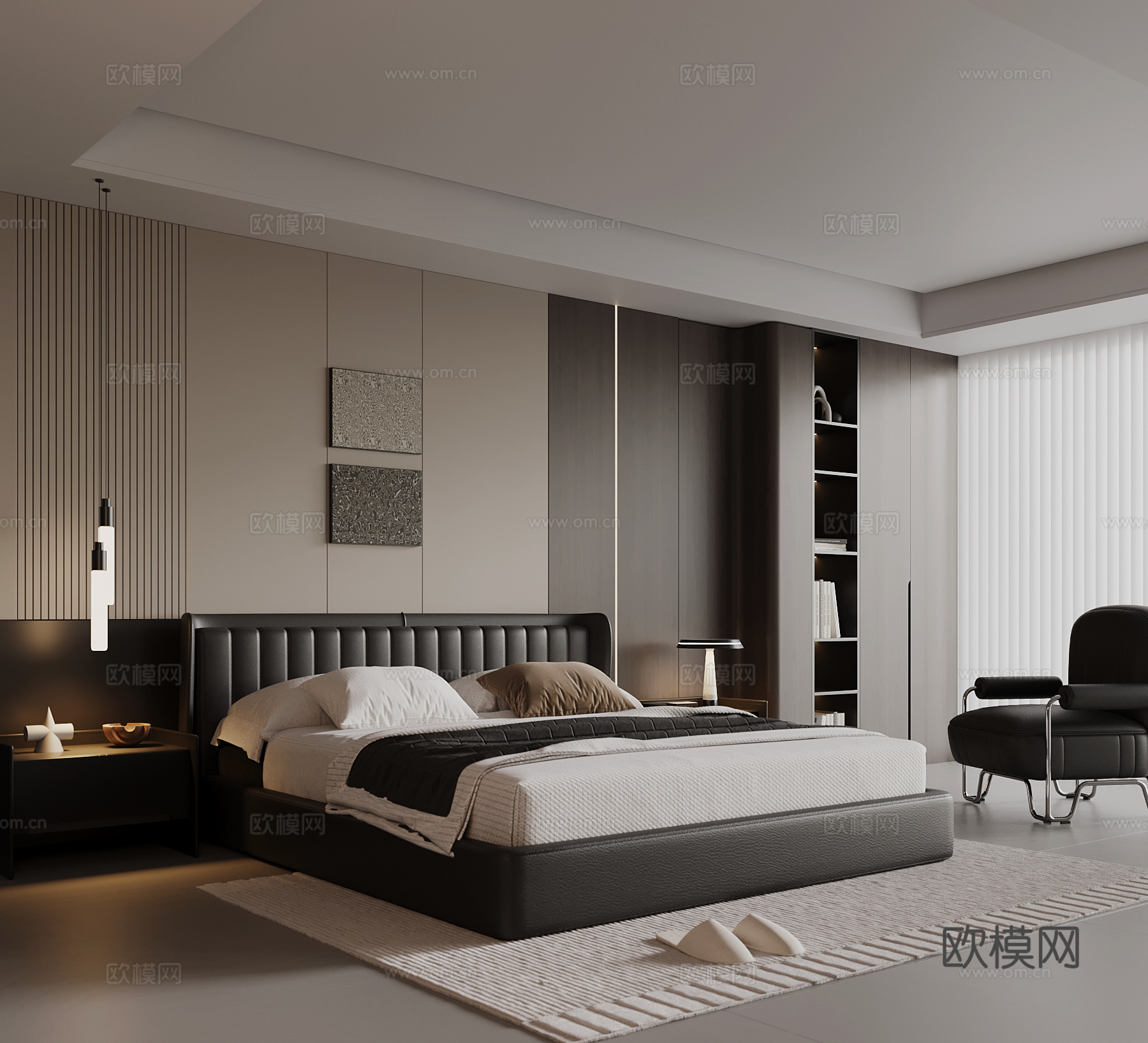 现代意式卧室 双人床 背景墙 床头柜su模型