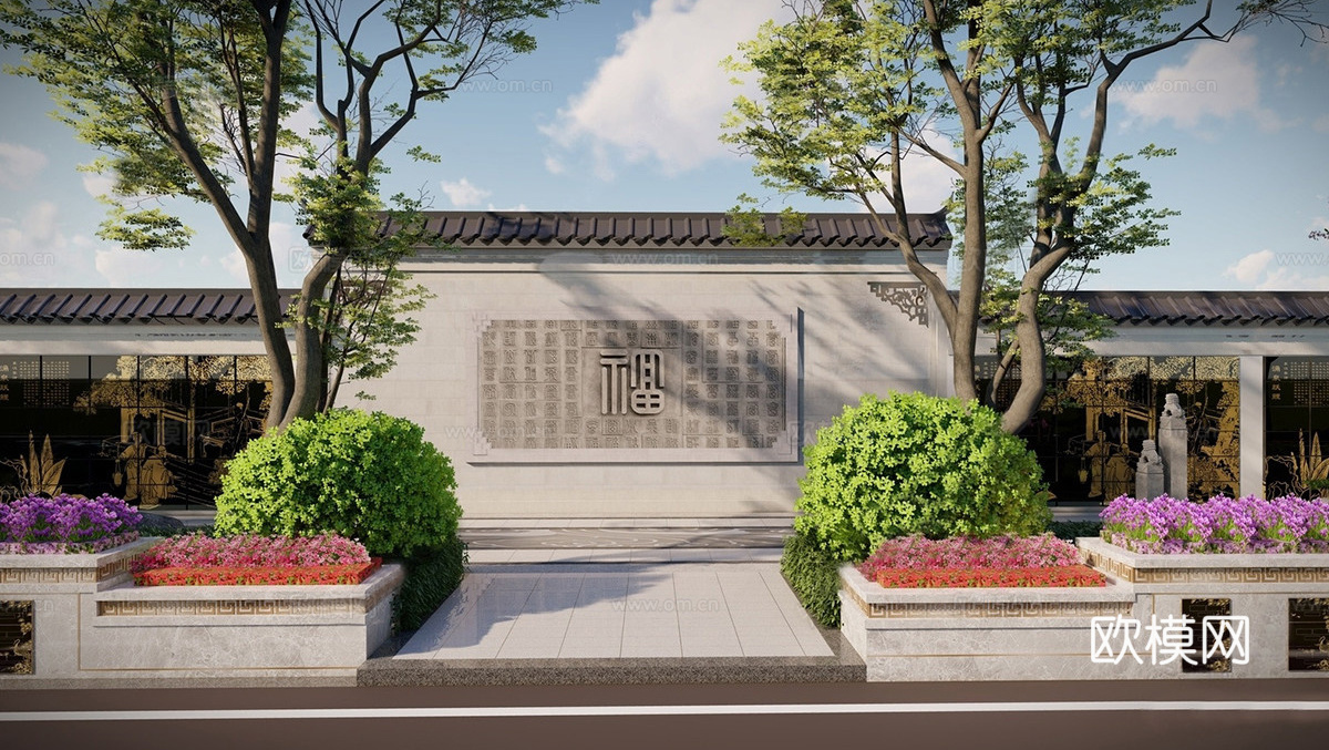 新中式景墙su模型