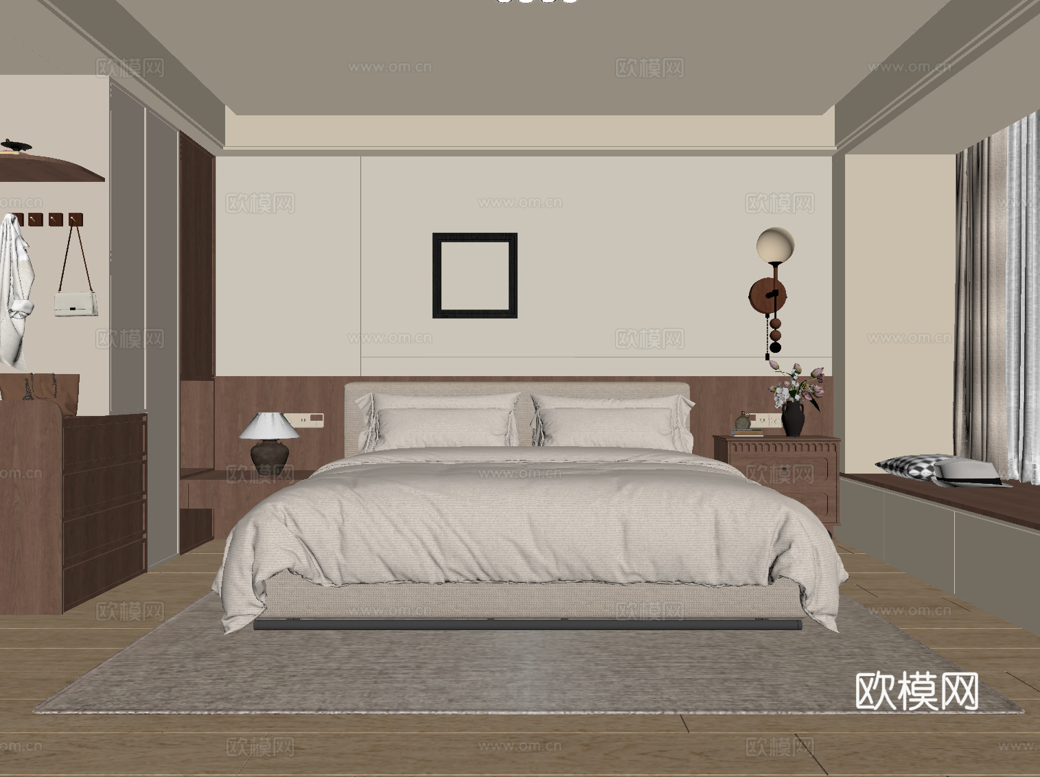 现代中古风家居卧室 双人床 衣柜su模型
