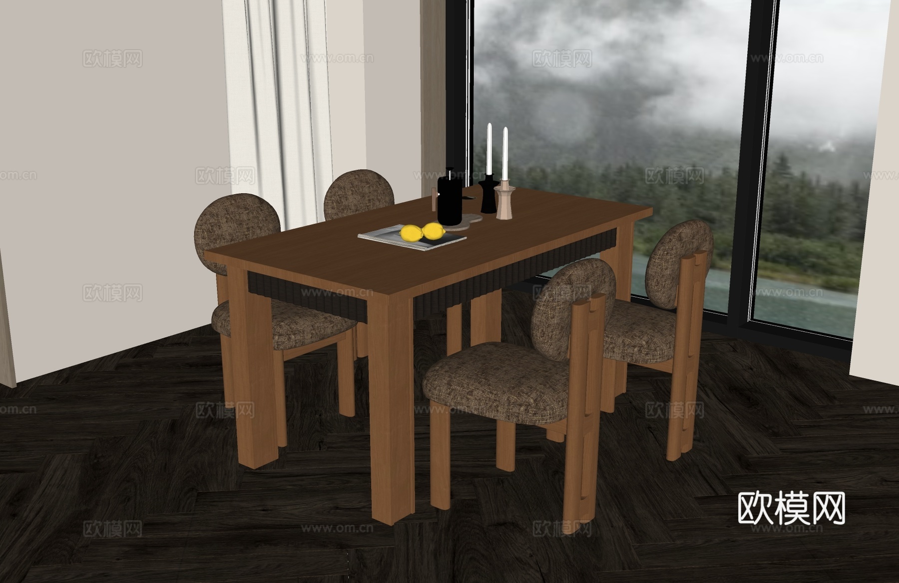 现代中古餐桌椅 中古风餐桌椅 现代餐桌椅 原木风餐桌椅 餐桌su模型