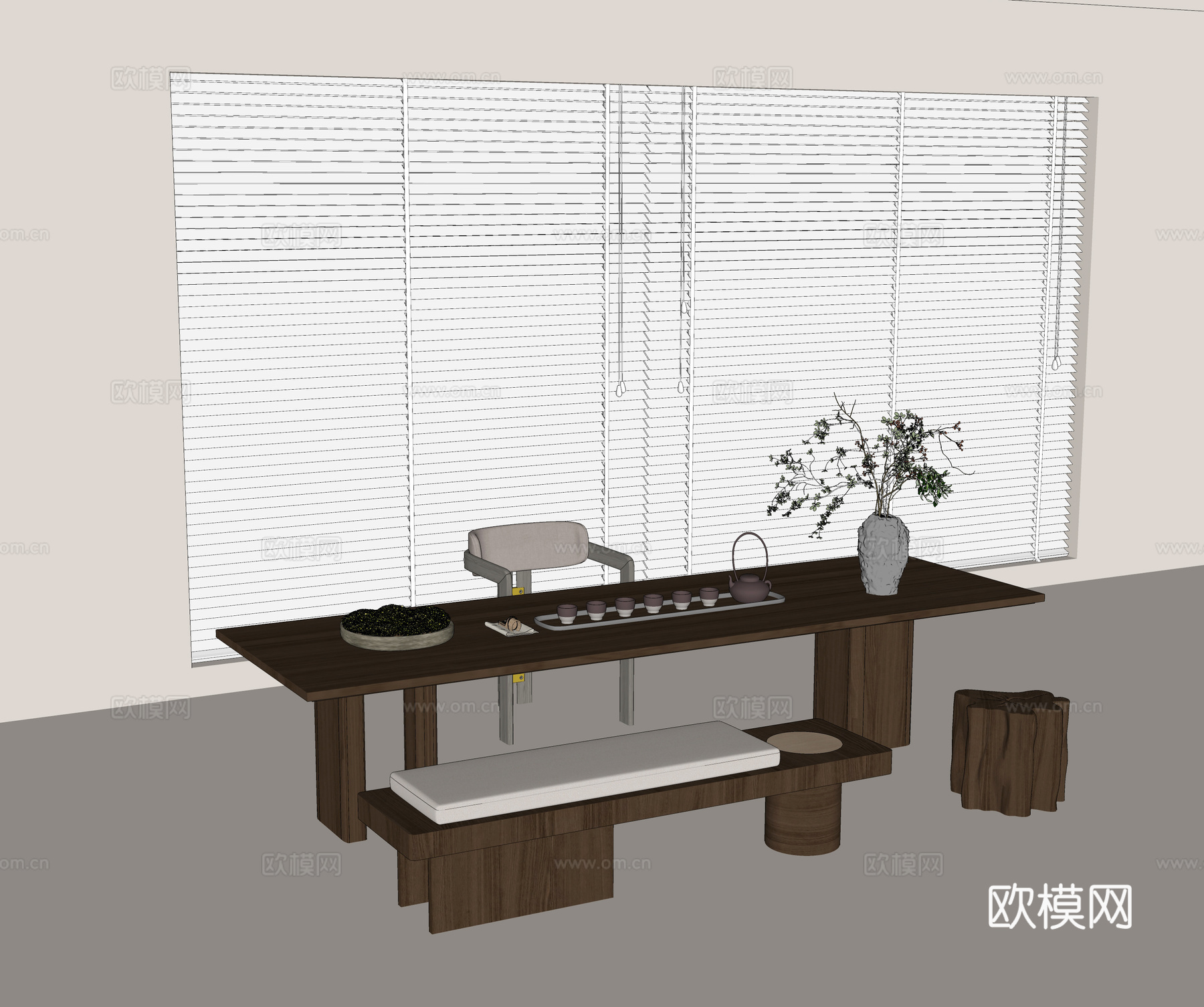 现代茶桌椅组合 实木茶桌 实木单椅 实木长椅 茶具组合su模型