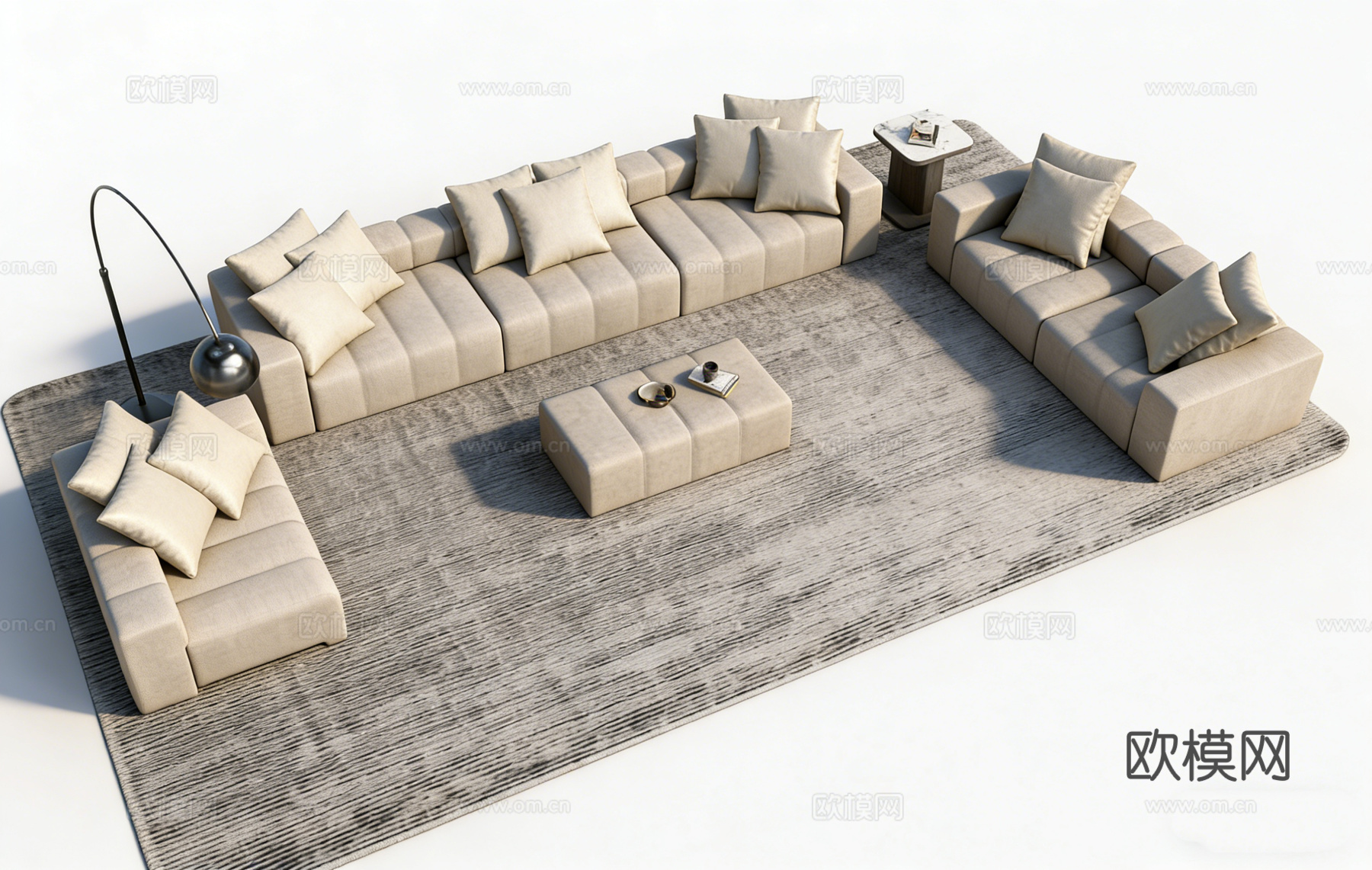 ​ 现代简约浅米色L型布艺沙发 组合沙发 浅米色沙发 黑色落su模型