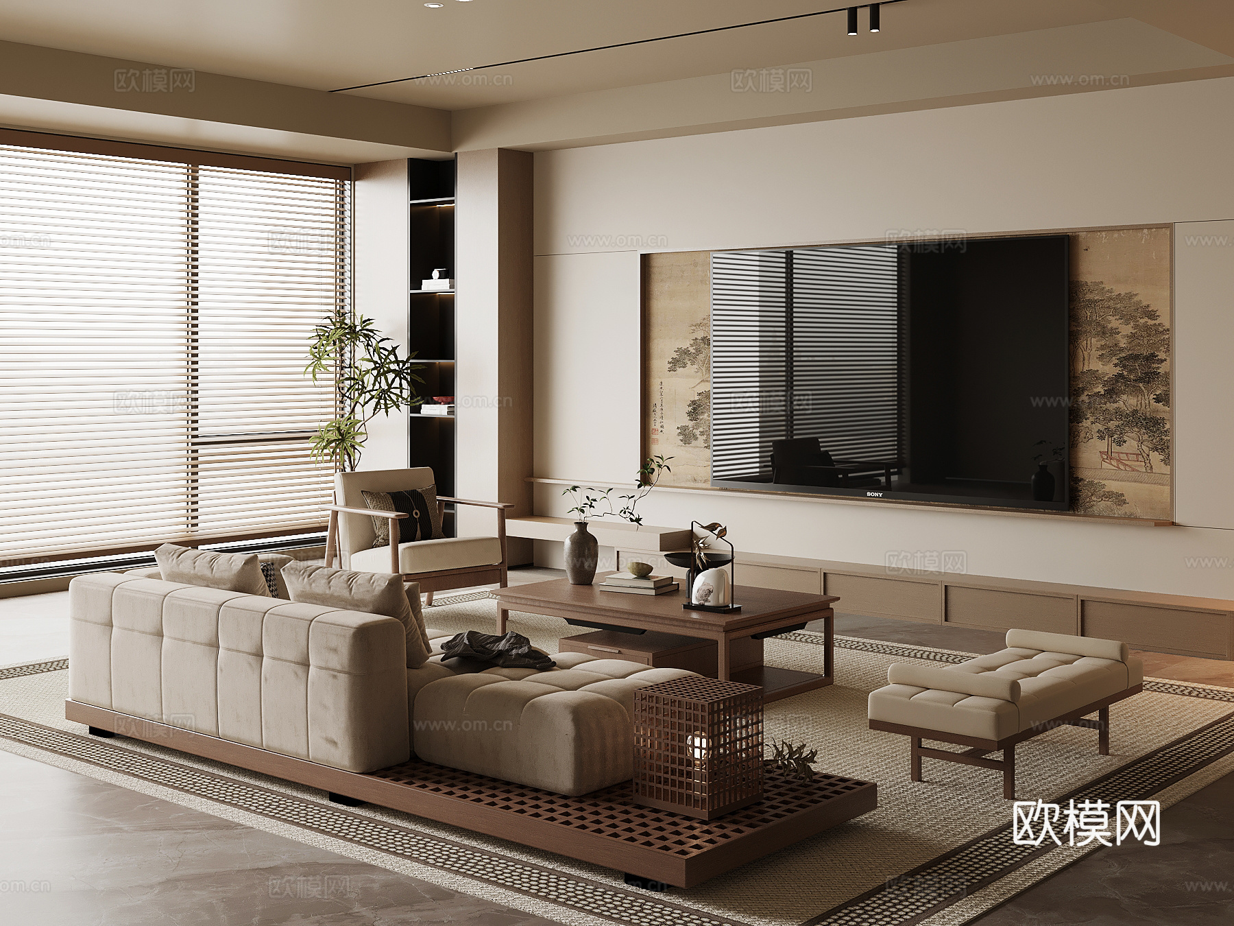 新中式客厅 沙发茶几组合 电视背景墙su模型