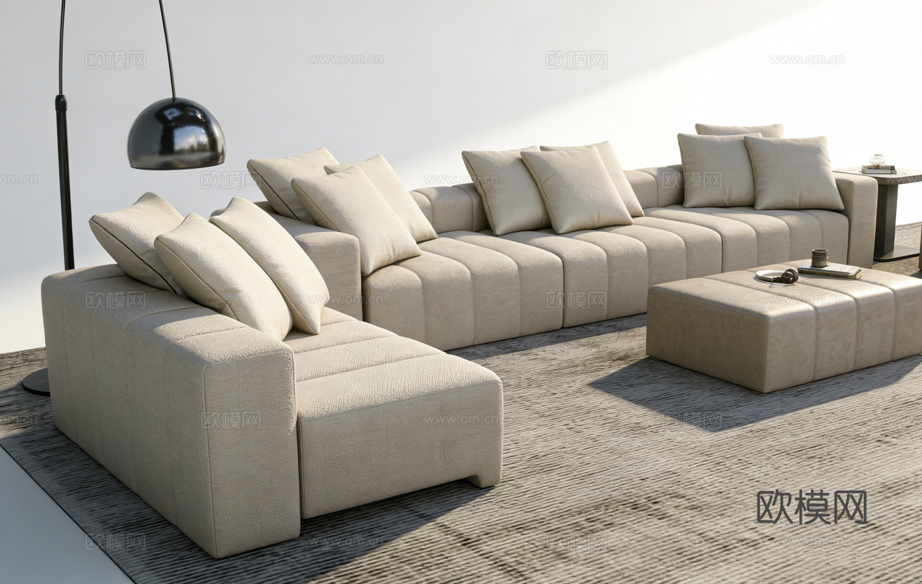 ​ 现代简约浅米色L型布艺沙发 组合沙发 浅米色沙发 黑色落su模型