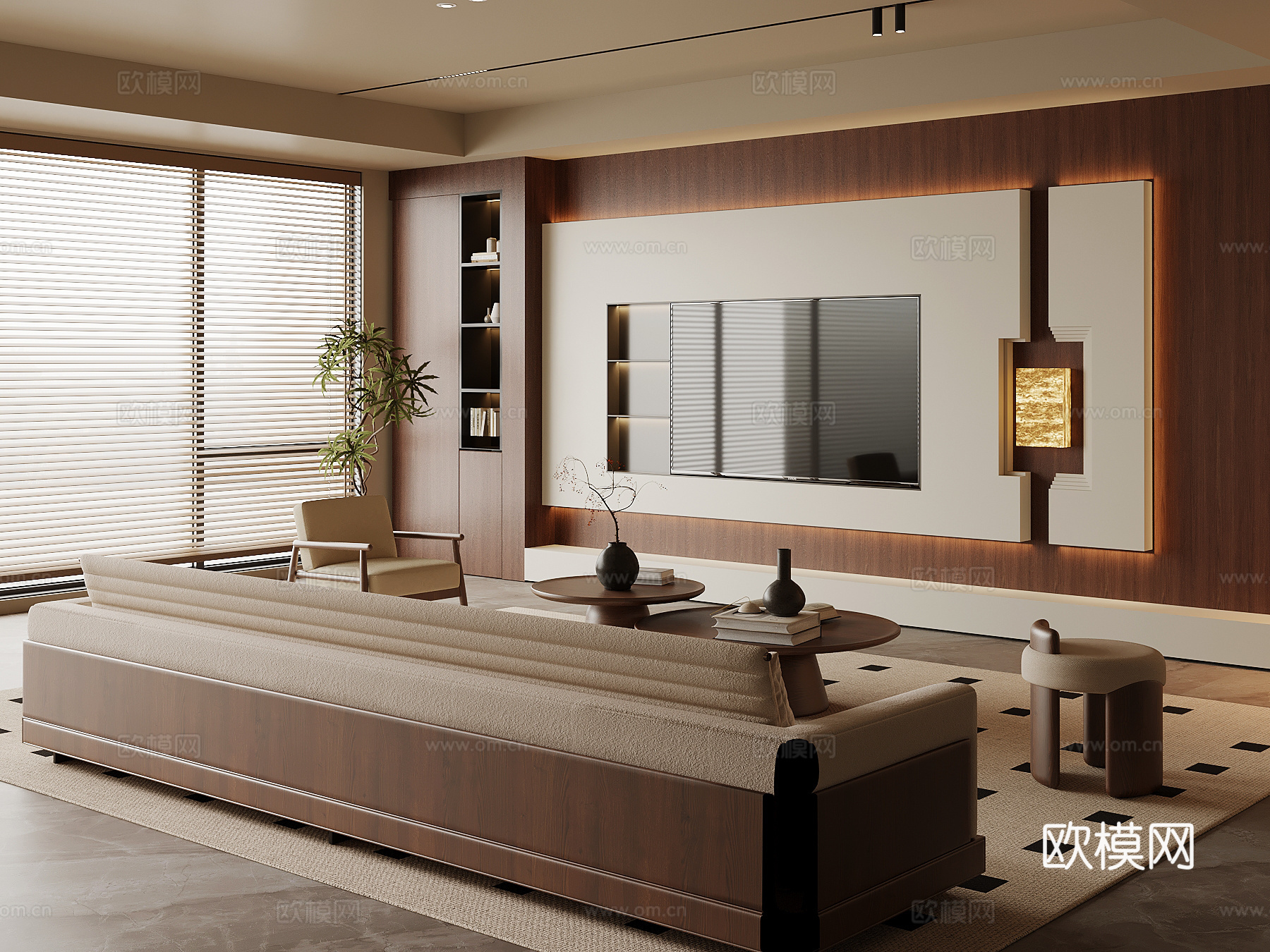 中古风客厅 电视背景墙 沙发茶几组合su模型