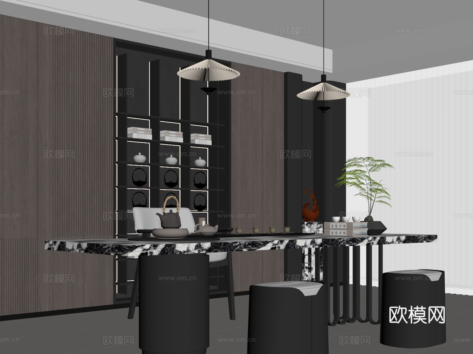 现代意式茶室 茶桌椅 茶柜su模型