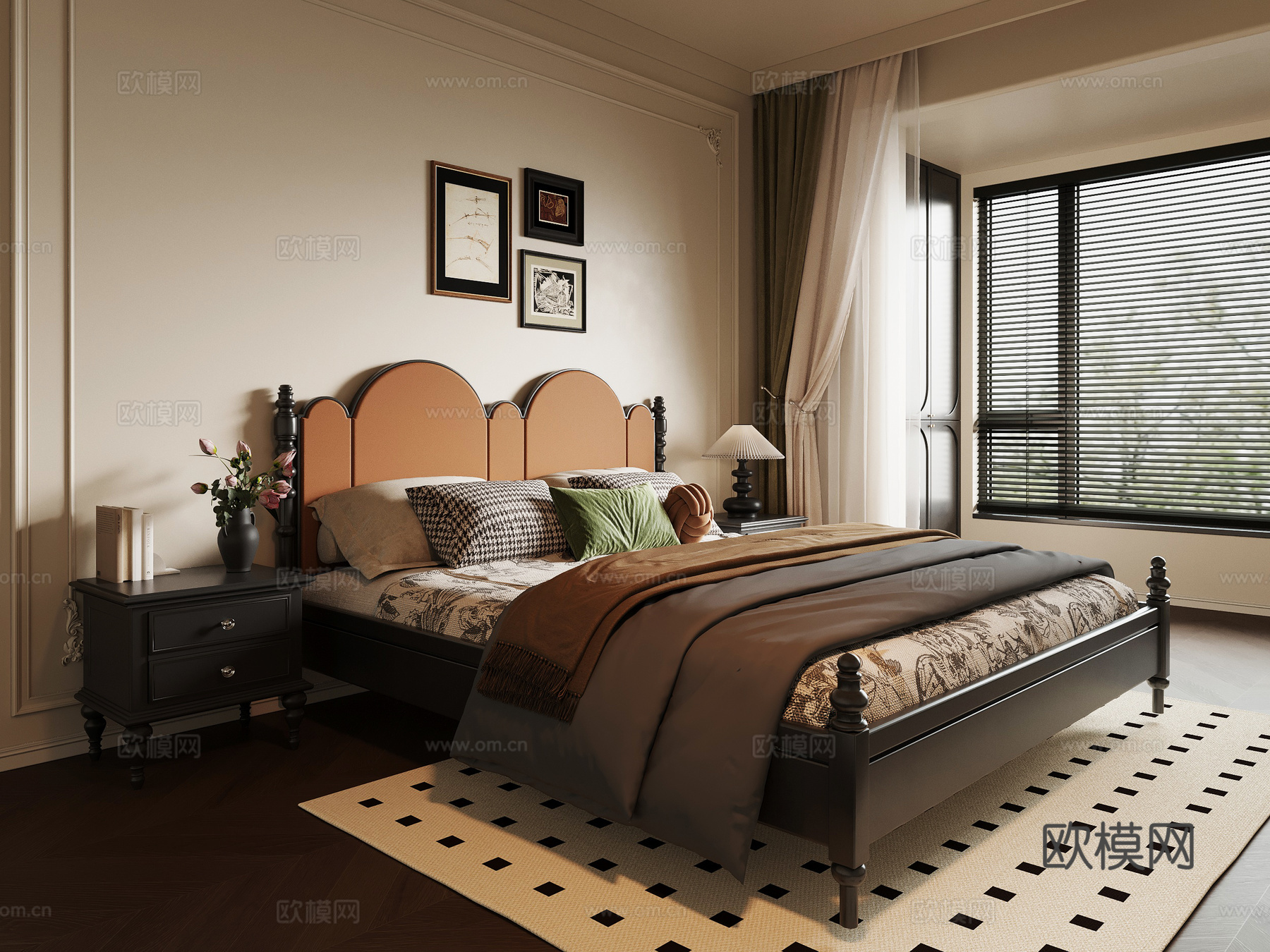 法式复古卧室 双人床su模型