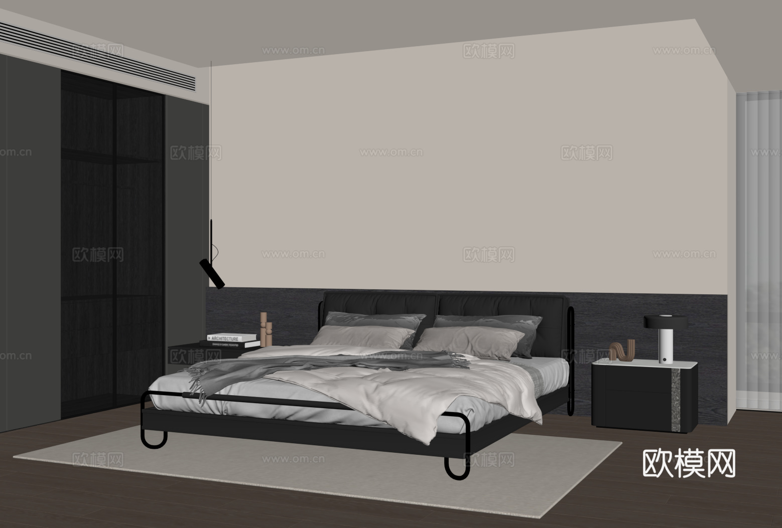 现代意式卧室 双人床su模型