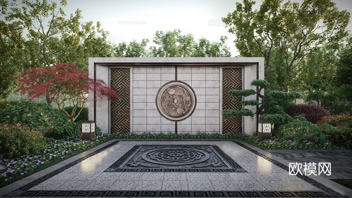 新中式景观墙 对景景墙 入口景墙 直线 庭院景墙su模型