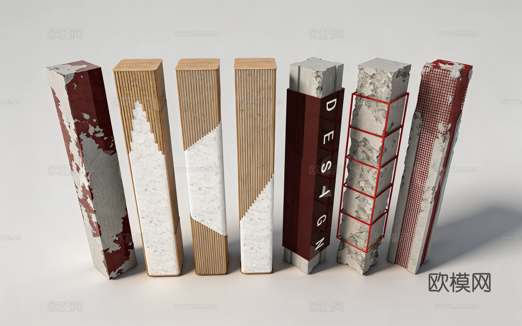 创意多材质建筑装饰柱 斑驳漆面 大理石拼接 网格结构 装饰su模型