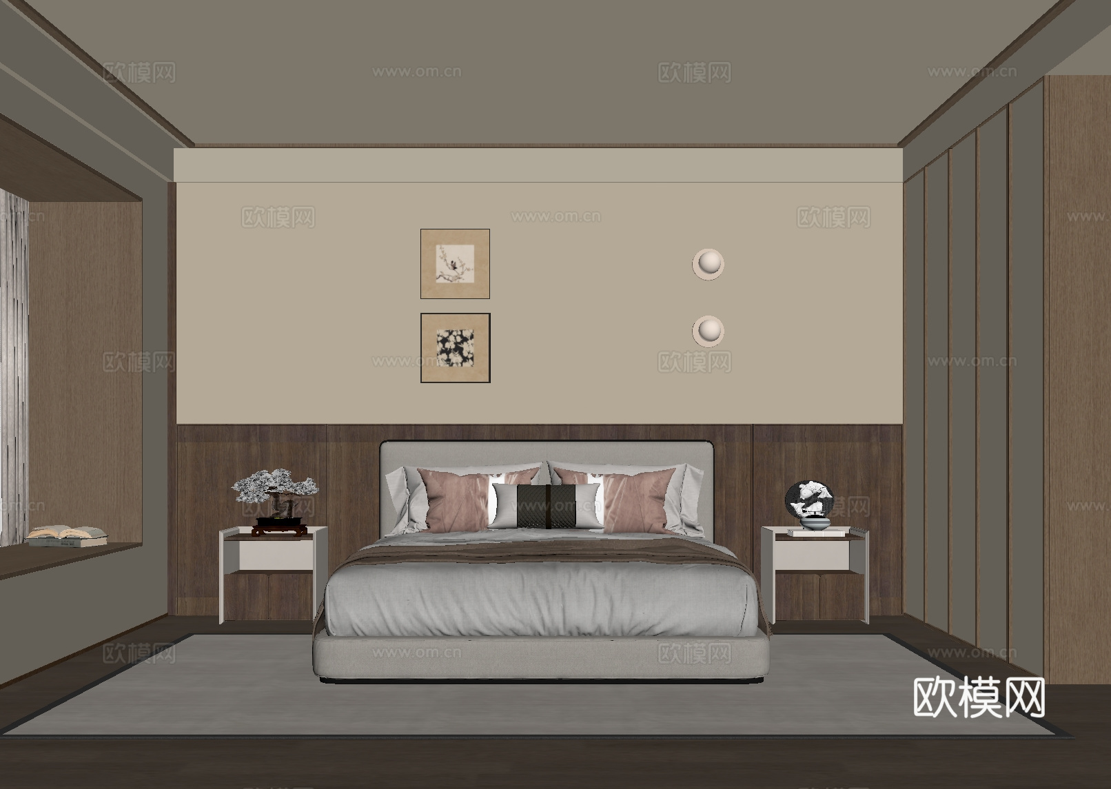 中古风卧室 床 床头柜 衣柜su模型