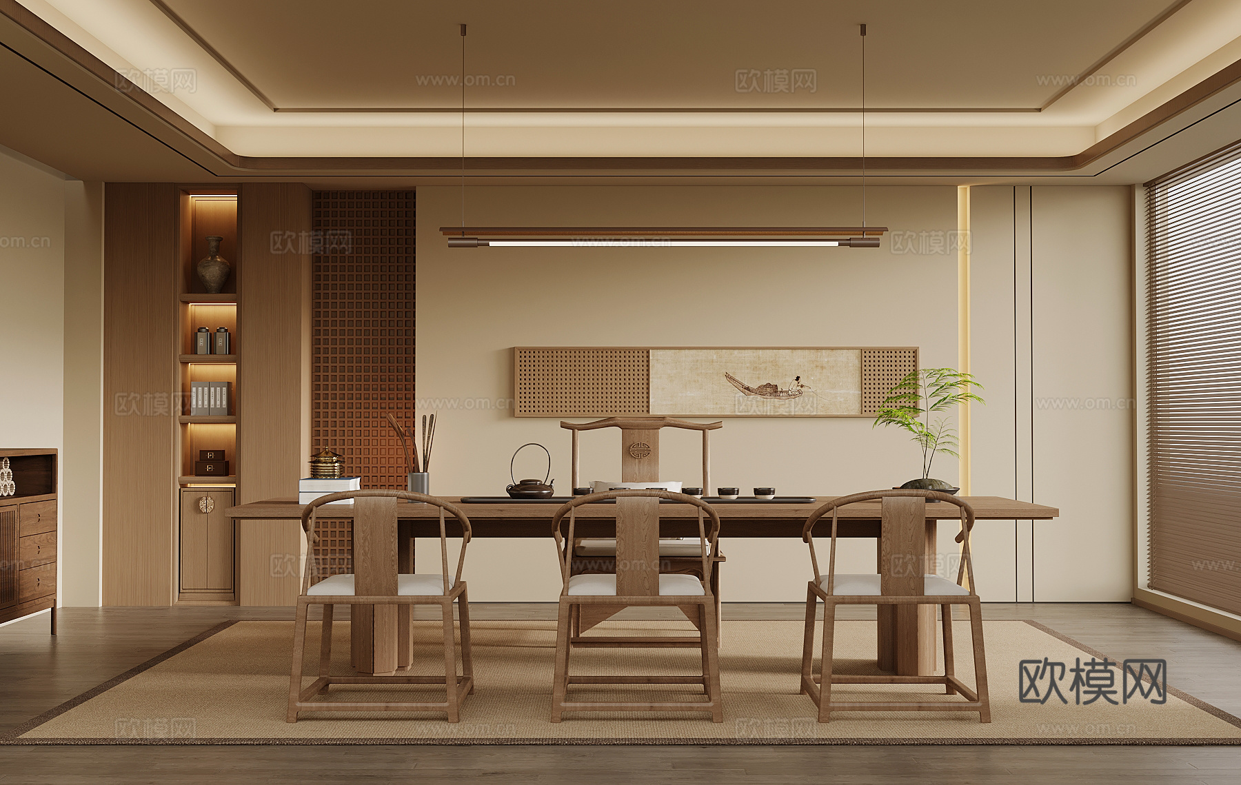 新中式茶室 茶桌椅 玄关柜su模型