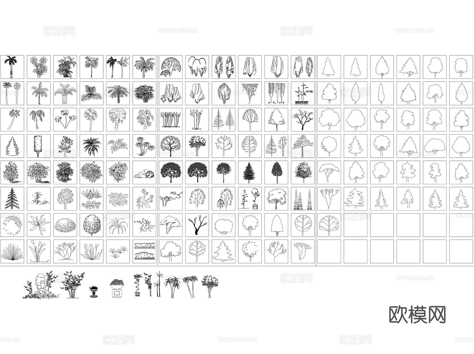 园林景观植物绿化立面组合配置树木苗木平面图例图块图库集 7套cad施工图cad施工图