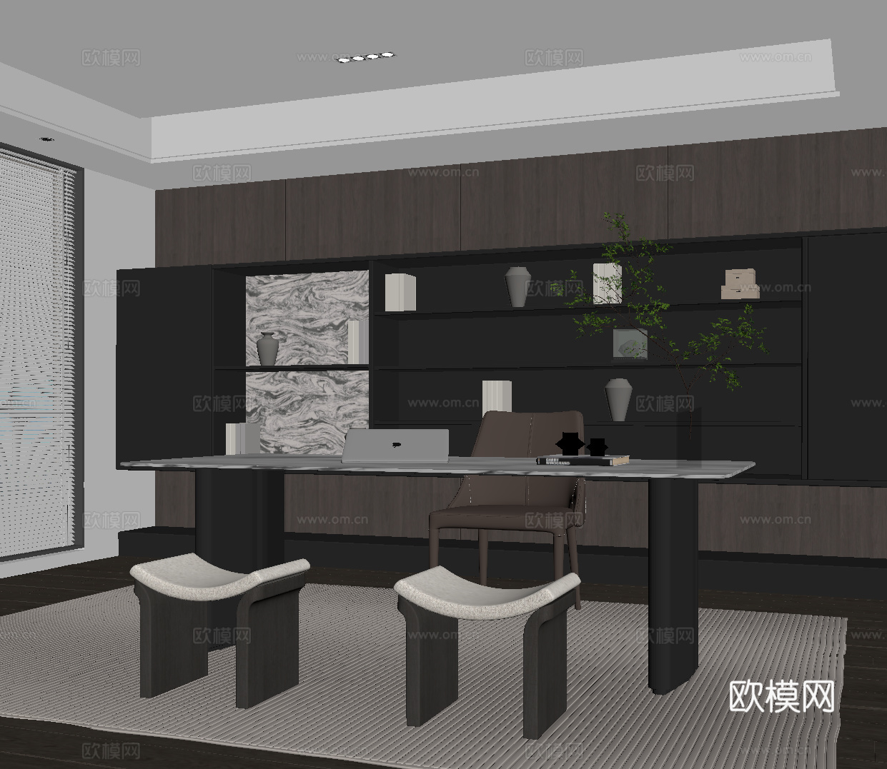 现代意式书房 书桌椅 书柜 置物柜su模型
