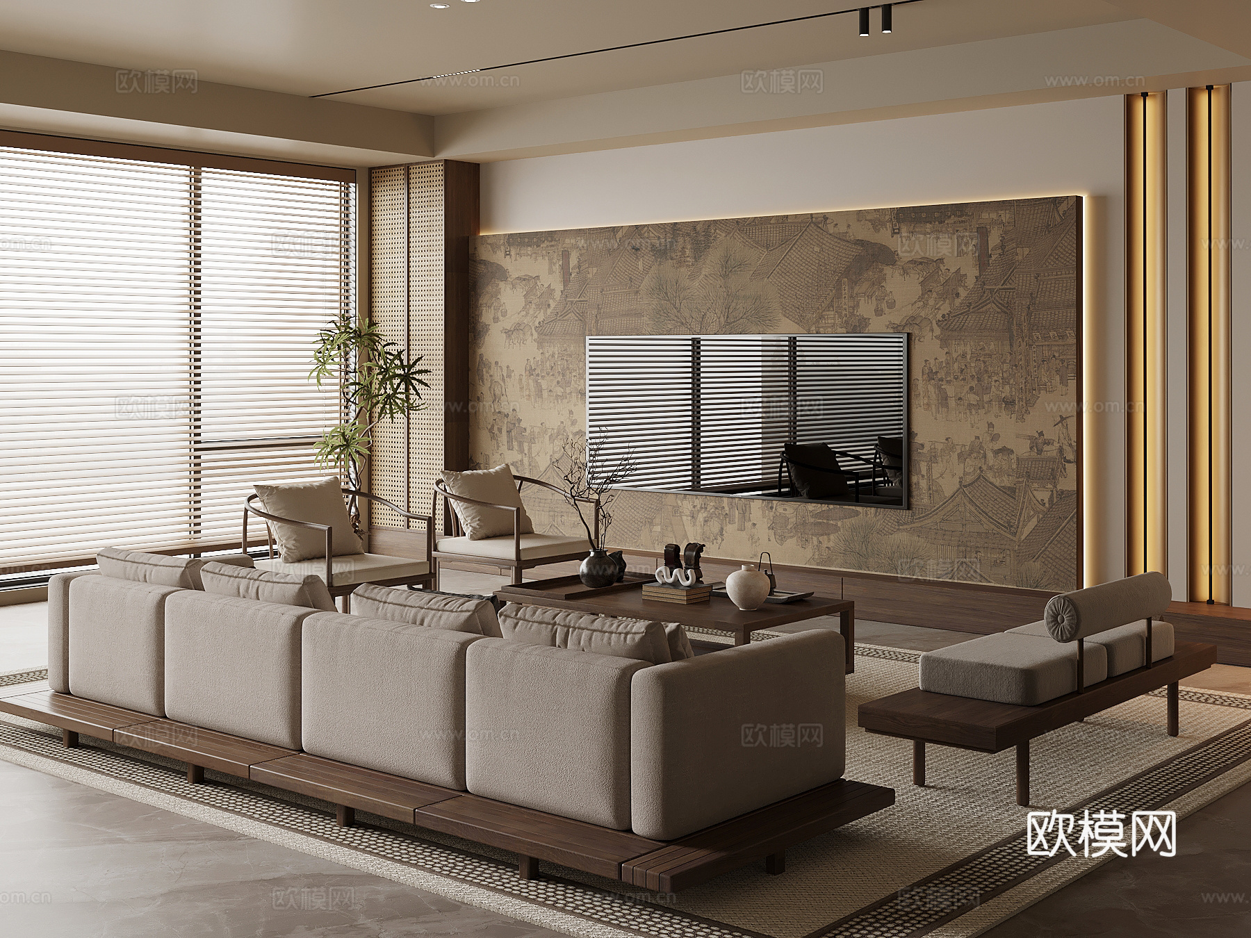 新中式客厅 沙发茶几组合 电视背景墙su模型