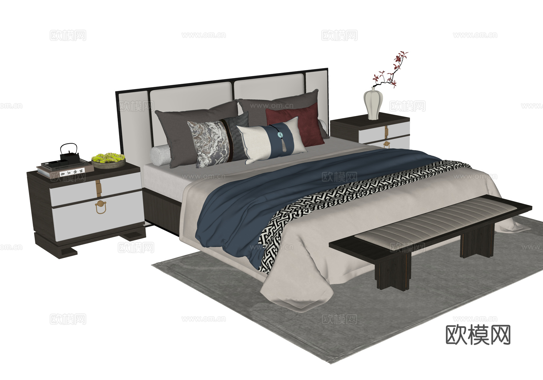 新中式双人床 床头柜 床尾凳su模型