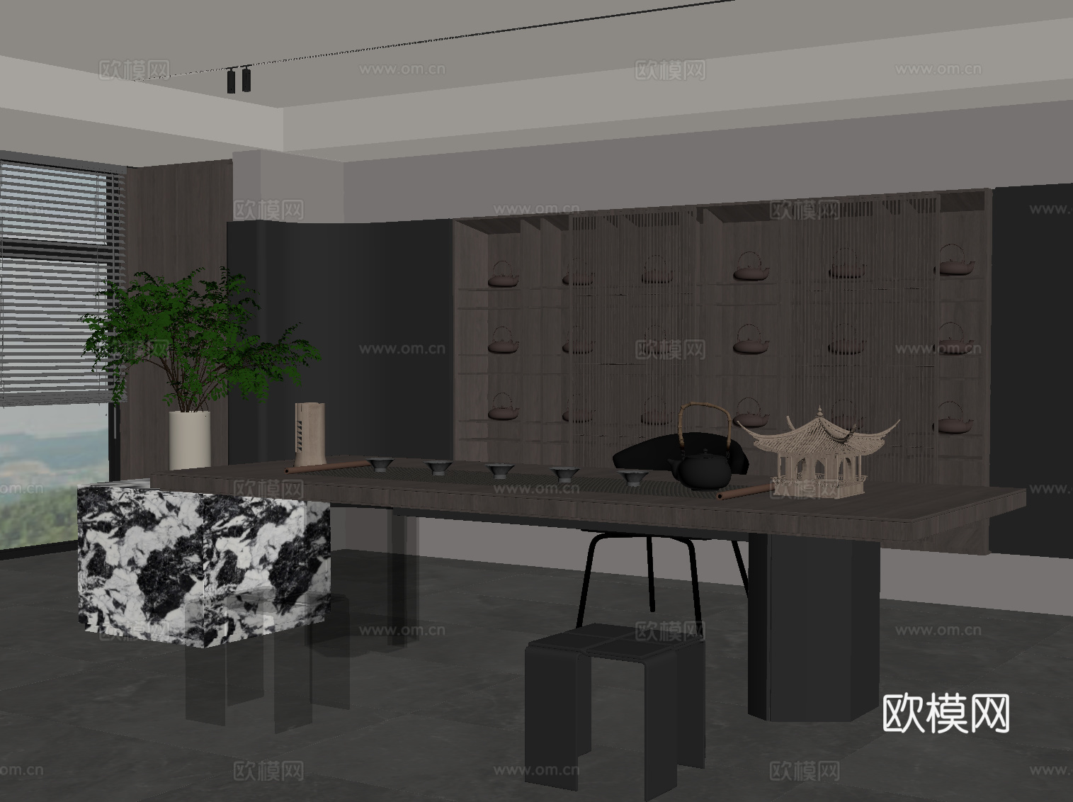 现代意式茶室 茶桌椅 背景墙茶柜su模型