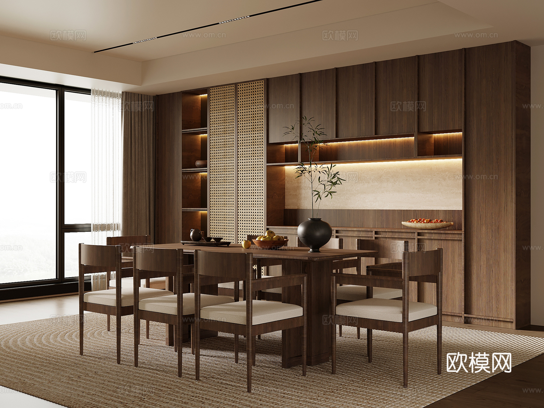 新中式餐厅 餐桌椅 餐柜su模型