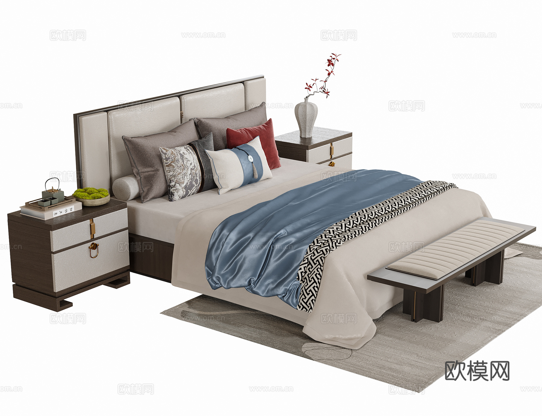 新中式双人床 床头柜 床尾凳su模型