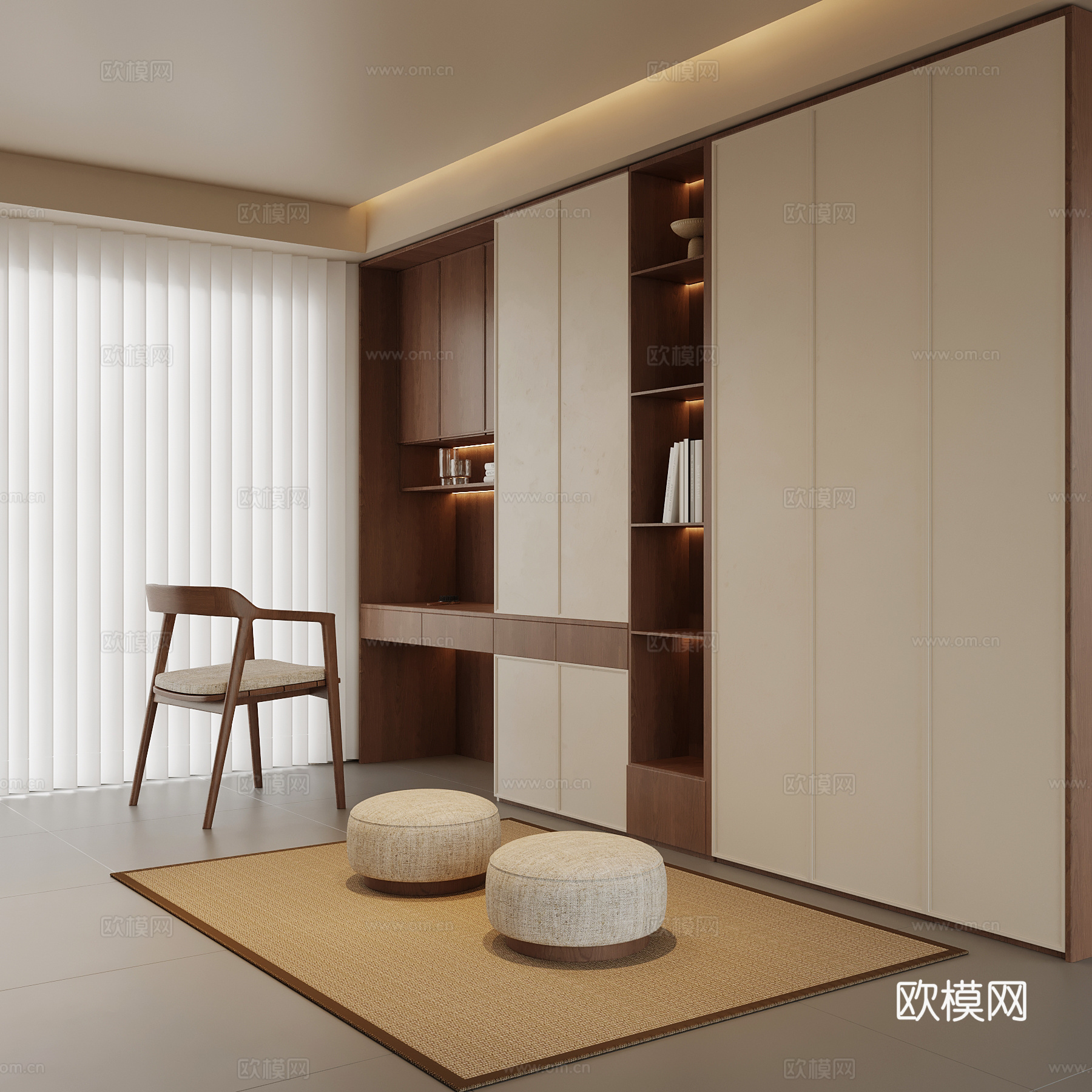 现代中古风衣帽间 梳妆台 换鞋凳su模型