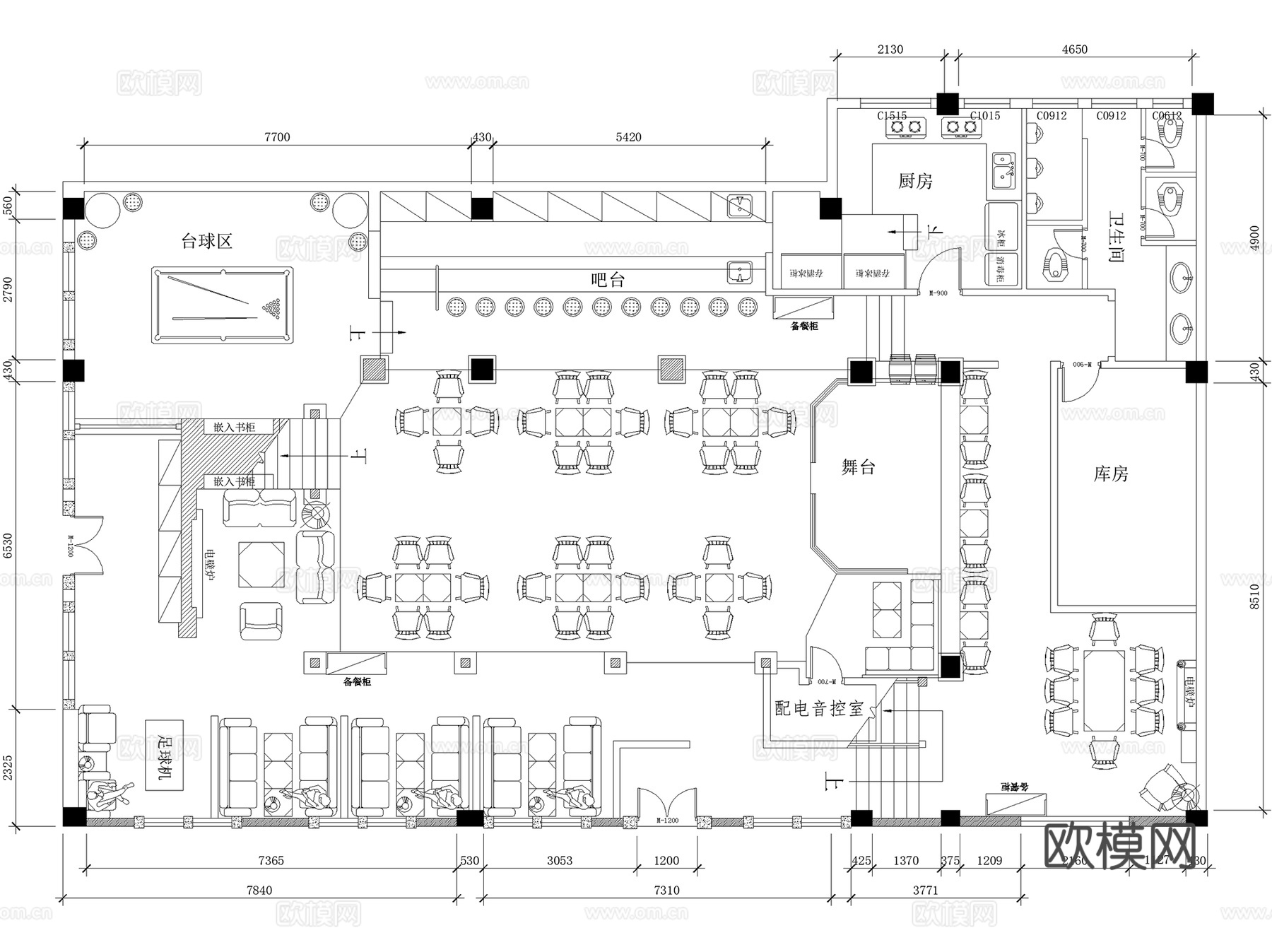 酒吧酒馆酒廊清吧会所餐厅室内工装CAD平面图集 12套cad施工图