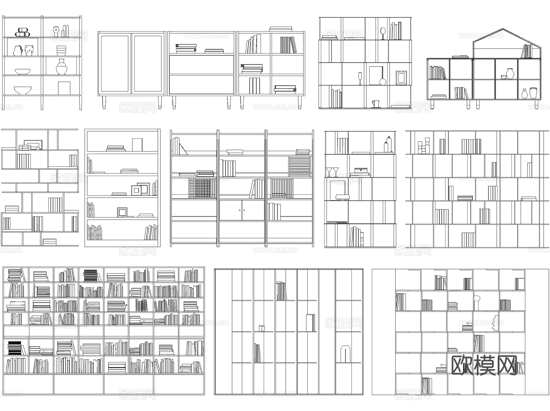 书柜书架置物架立面图库图块CAD施工图集 8套cad施工图