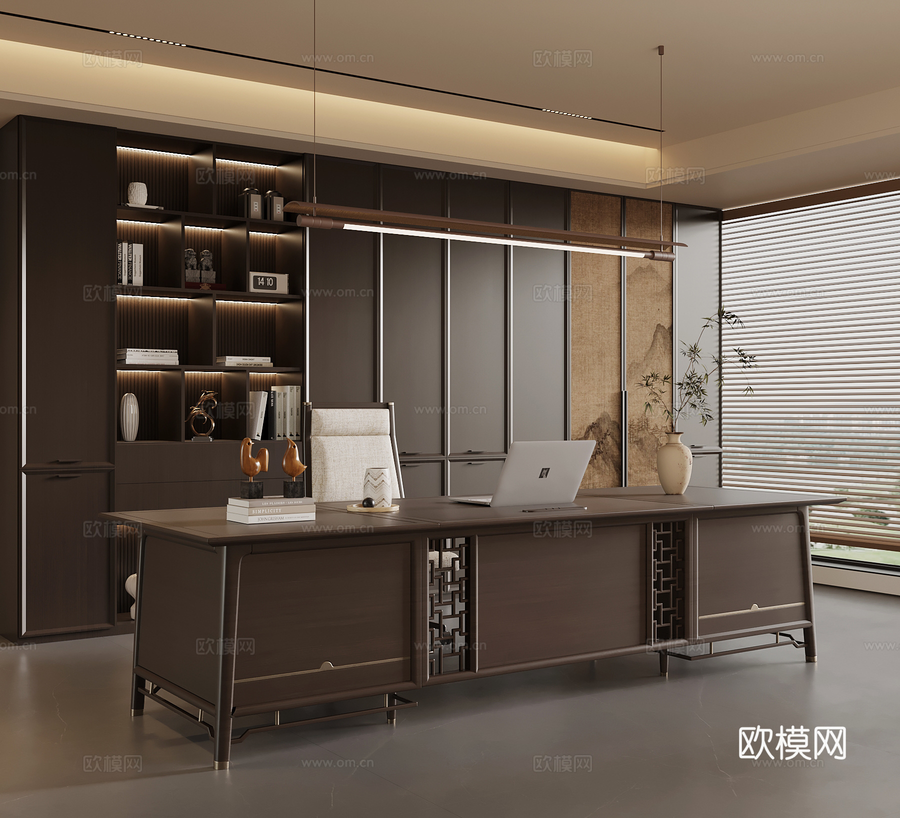 新中式经理办公室 书柜 办公桌椅su模型