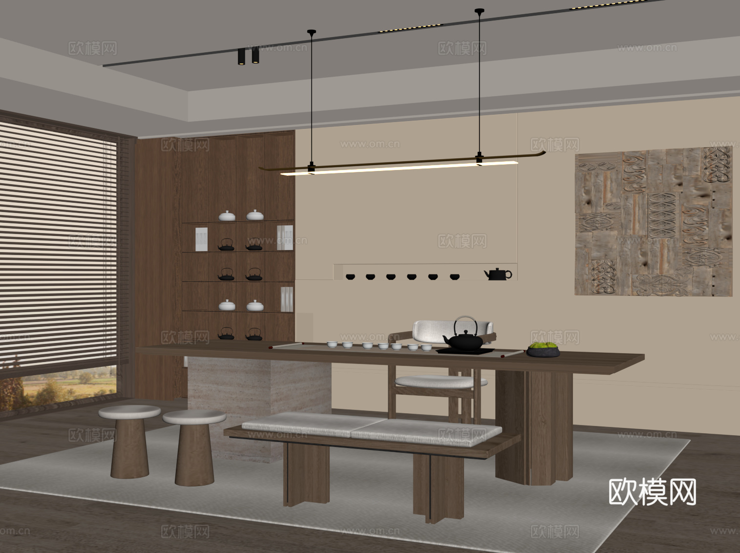 新中式茶室 茶桌椅 茶室背景墙su模型