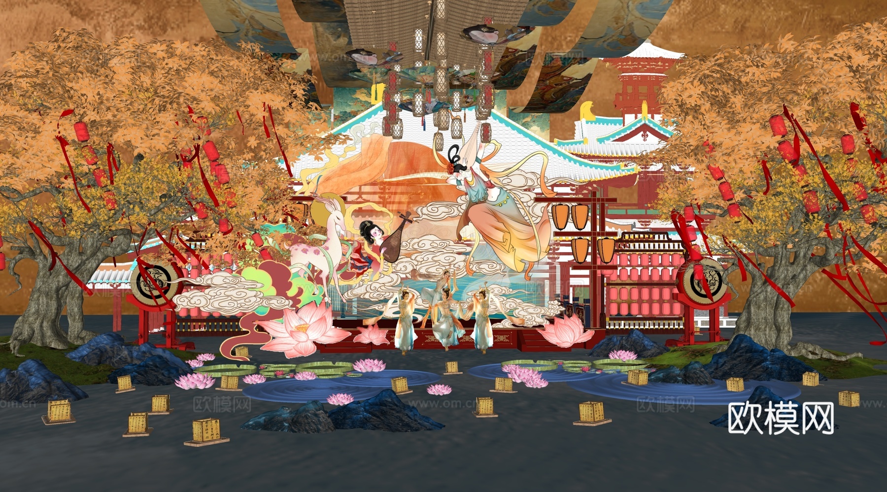 新中式国潮网红打卡 古风灯会 舞台美陈su模型