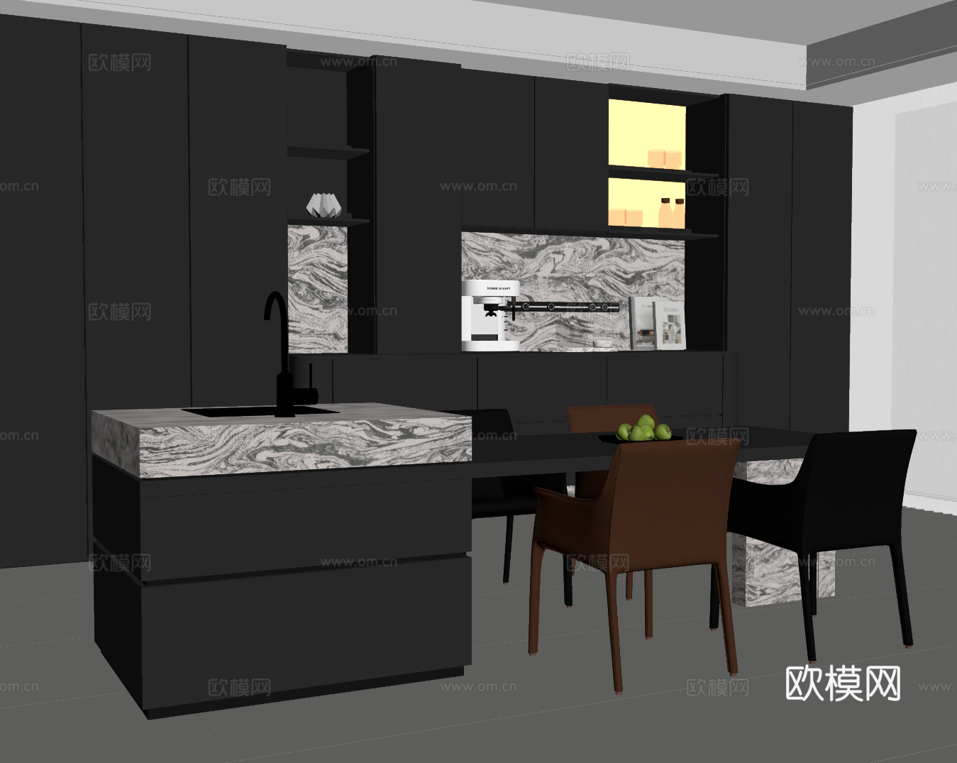 现代意式餐厅 餐桌椅 餐边柜su模型