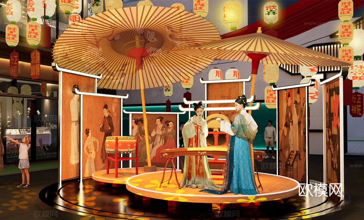 新中式美陈舞台 油纸伞 戏曲舞台su模型