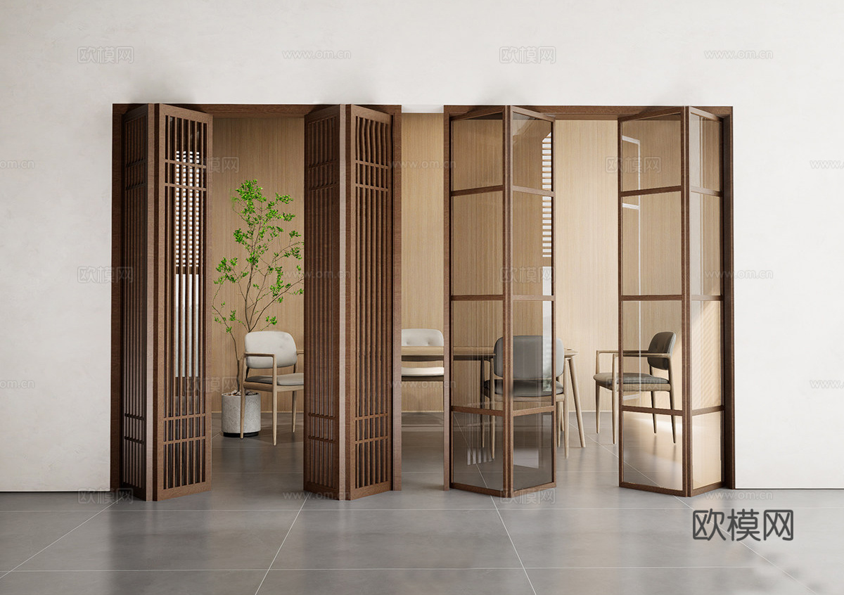 新中式折叠门 简约折叠门 新中式阳台折叠门 折叠木门su模型