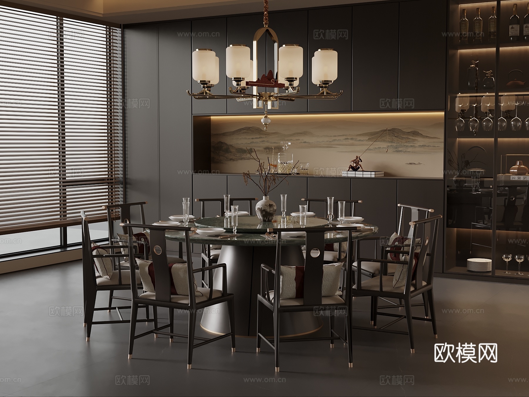 新中式餐厅 圆桌椅 餐柜su模型