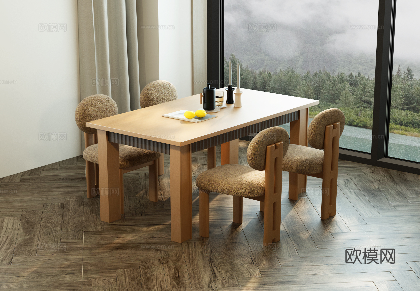 现代中古餐桌椅 中古风餐桌椅 现代餐桌椅 原木风餐桌椅 餐桌su模型