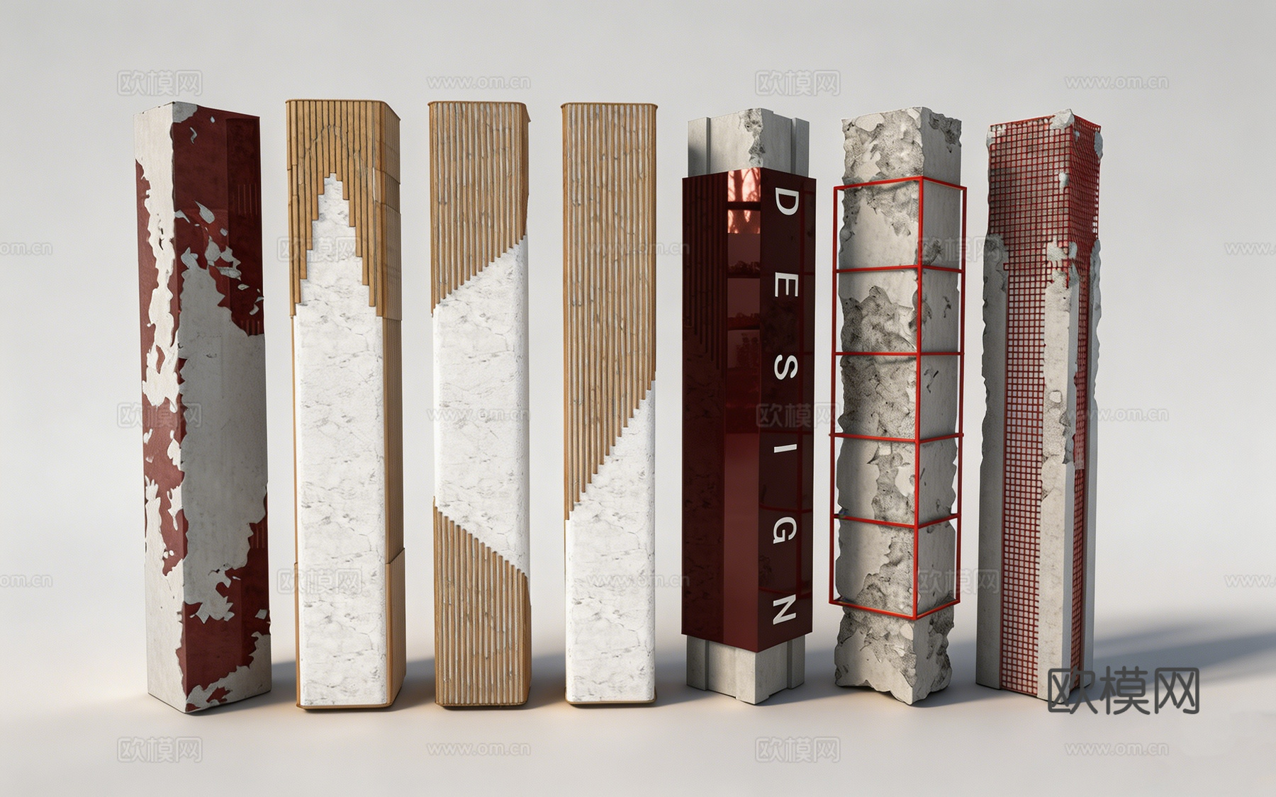 创意多材质建筑装饰柱 斑驳漆面 大理石拼接 网格结构 装饰su模型