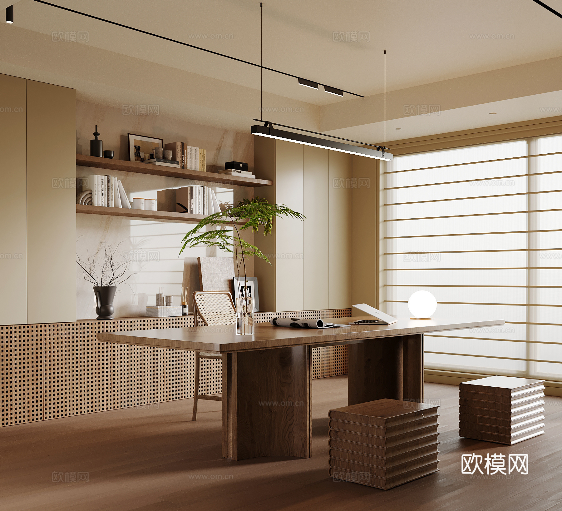 现代中古风书房 书柜 书桌椅su模型