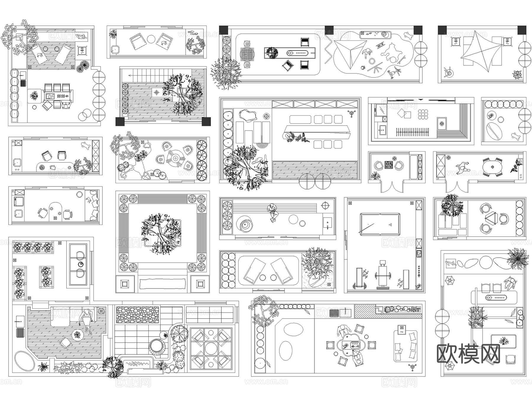 阳台露台空中花园庭院平面布置图CAD图块图库集 13套cad施工图