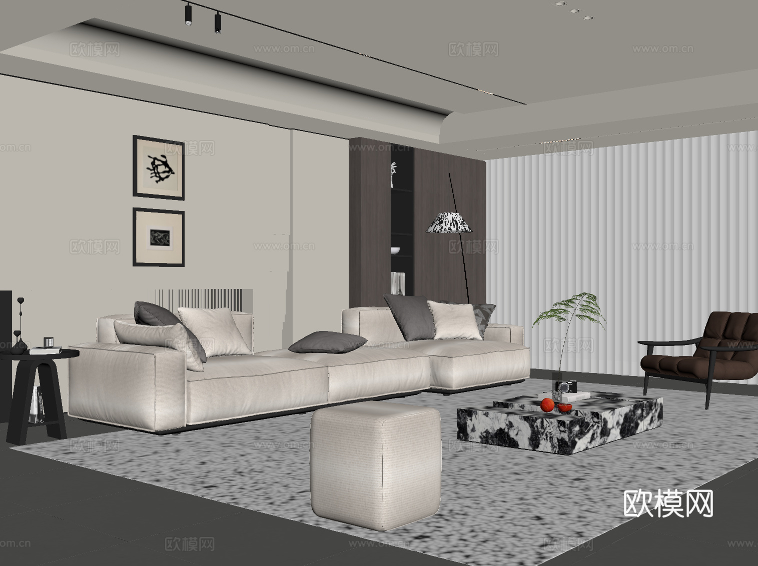 现代客厅 沙发茶几组合 背景墙su模型