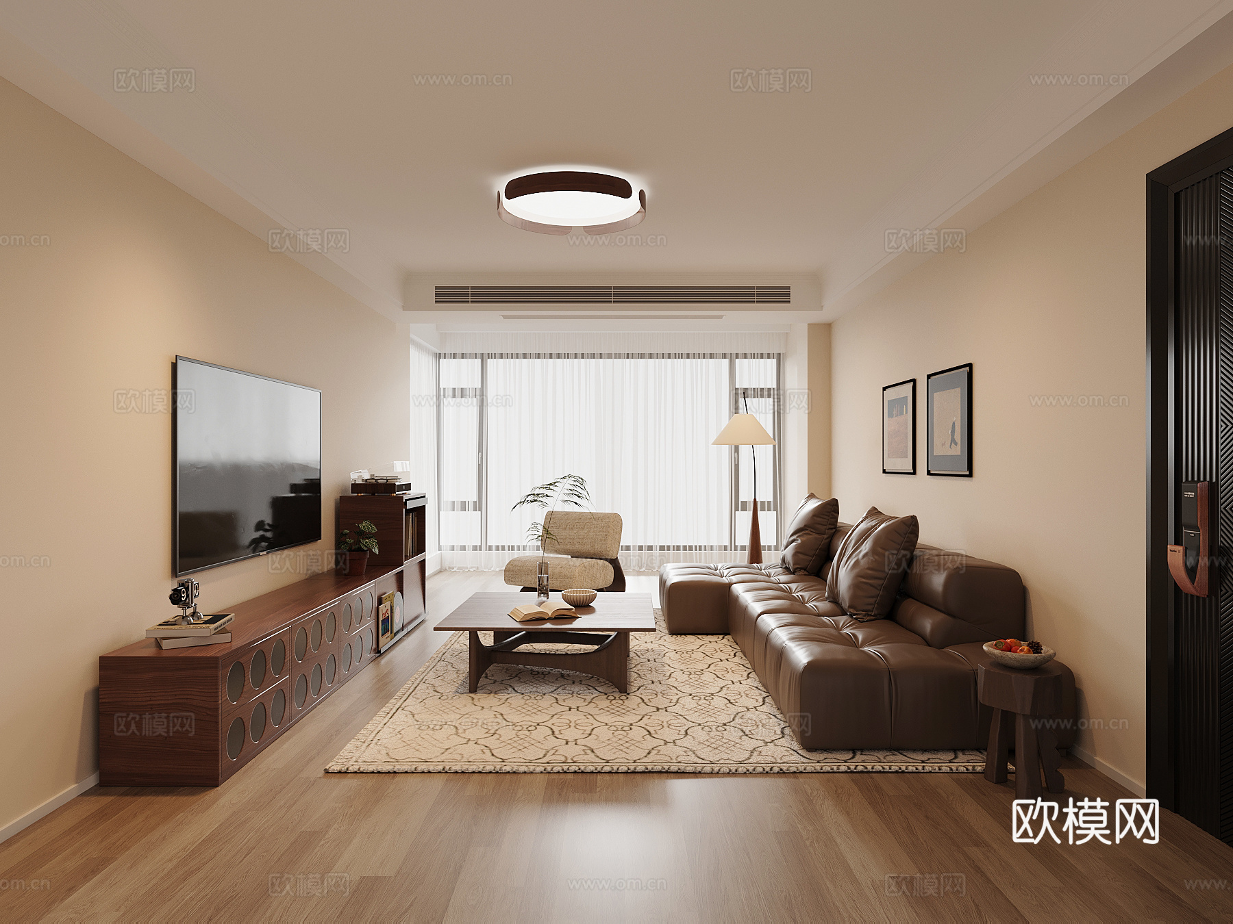 中古复古风家居客厅 电视柜 沙发茶几组合 吸顶灯3d模型