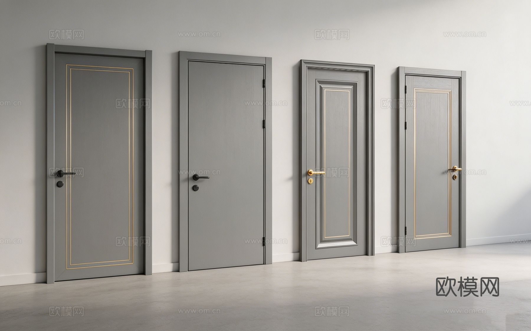 现代轻奢灰色室内门 带金色矩形装饰线条 金色把手 卧室书房门su模型