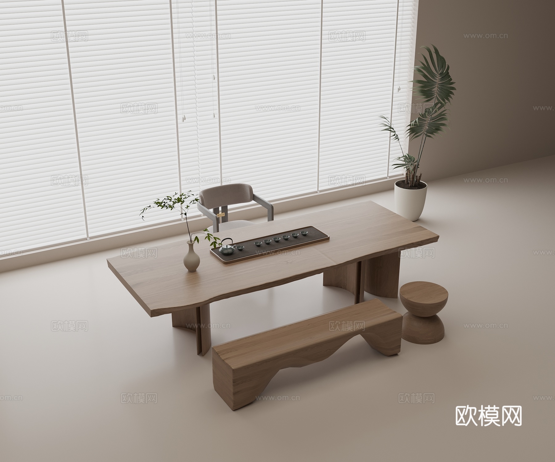 现代茶桌椅组合 实木茶桌 实木单椅 实木长椅 茶具组合su模型