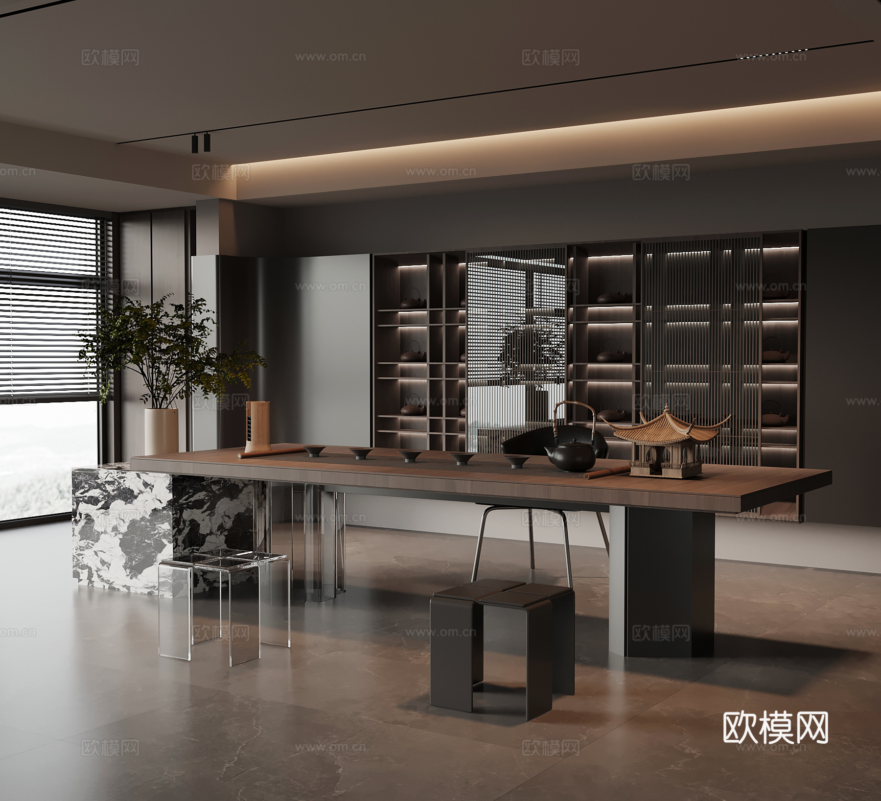 现代意式茶室 茶桌椅 背景墙茶柜su模型