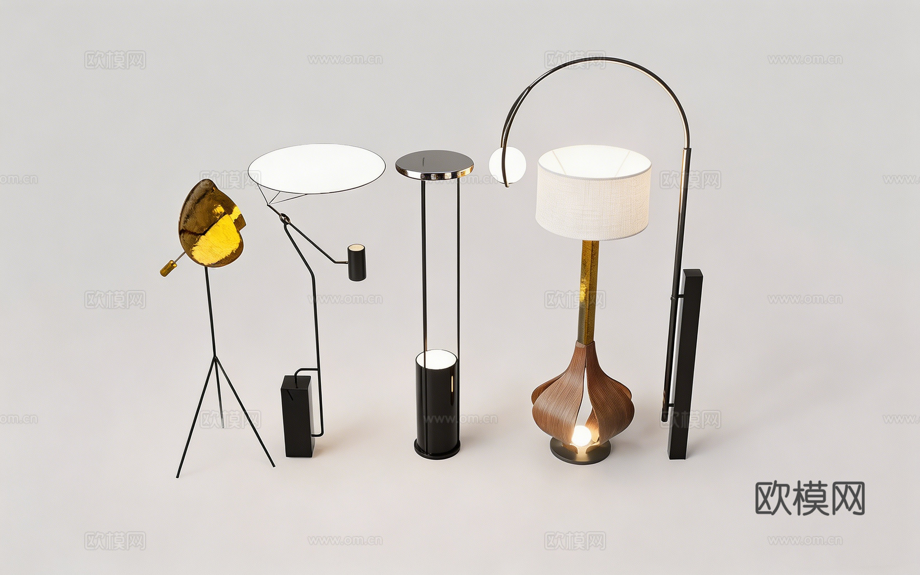 意式轻奢金色弯曲顶面落地灯 细黑支架 客厅角落艺术灯 金色叶su模型